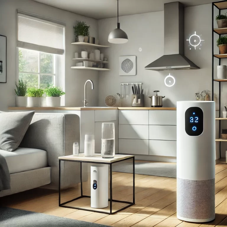 Realistic image of a modern smart home with health-focused technology, including an air purifier, smart water filter, and sleep monitor in a well-lit room with indoor plants.
