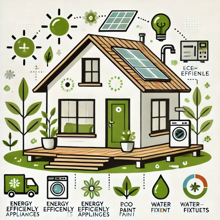 Illustration of sustainable home improvements with bamboo flooring, energy-efficient appliances, eco-friendly paint, and water-efficient fixtures.