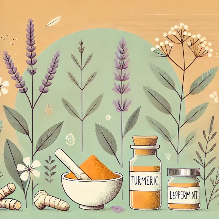 Illustration of natural remedies featuring herbs like turmeric, lavender, and peppermint for health benefits.