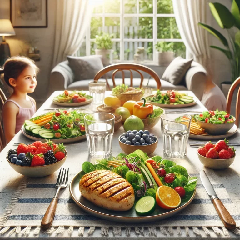 Realistic image of a balanced family meal with grilled chicken, mixed greens salad, and fresh berries, arranged on a dining table in a cozy, naturally lit setting.
