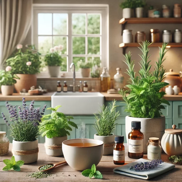 Realistic image of a home setup for natural remedies with fresh herbs like rosemary, peppermint, and lavender, alongside essential oils and a cup of herbal tea.