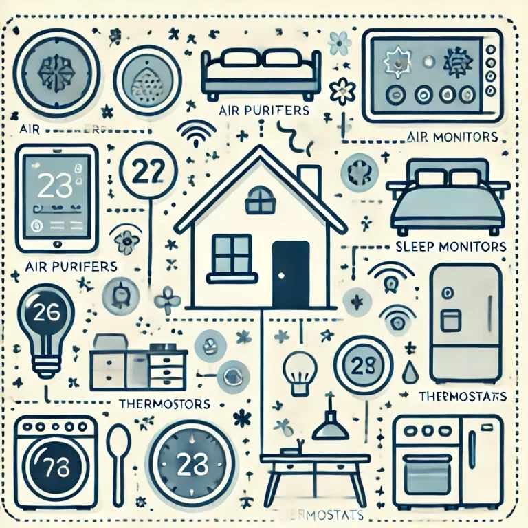 Illustration of smart home technologies including air purifiers, sleep monitors, thermostats, and kitchen appliances promoting a healthy living environment.