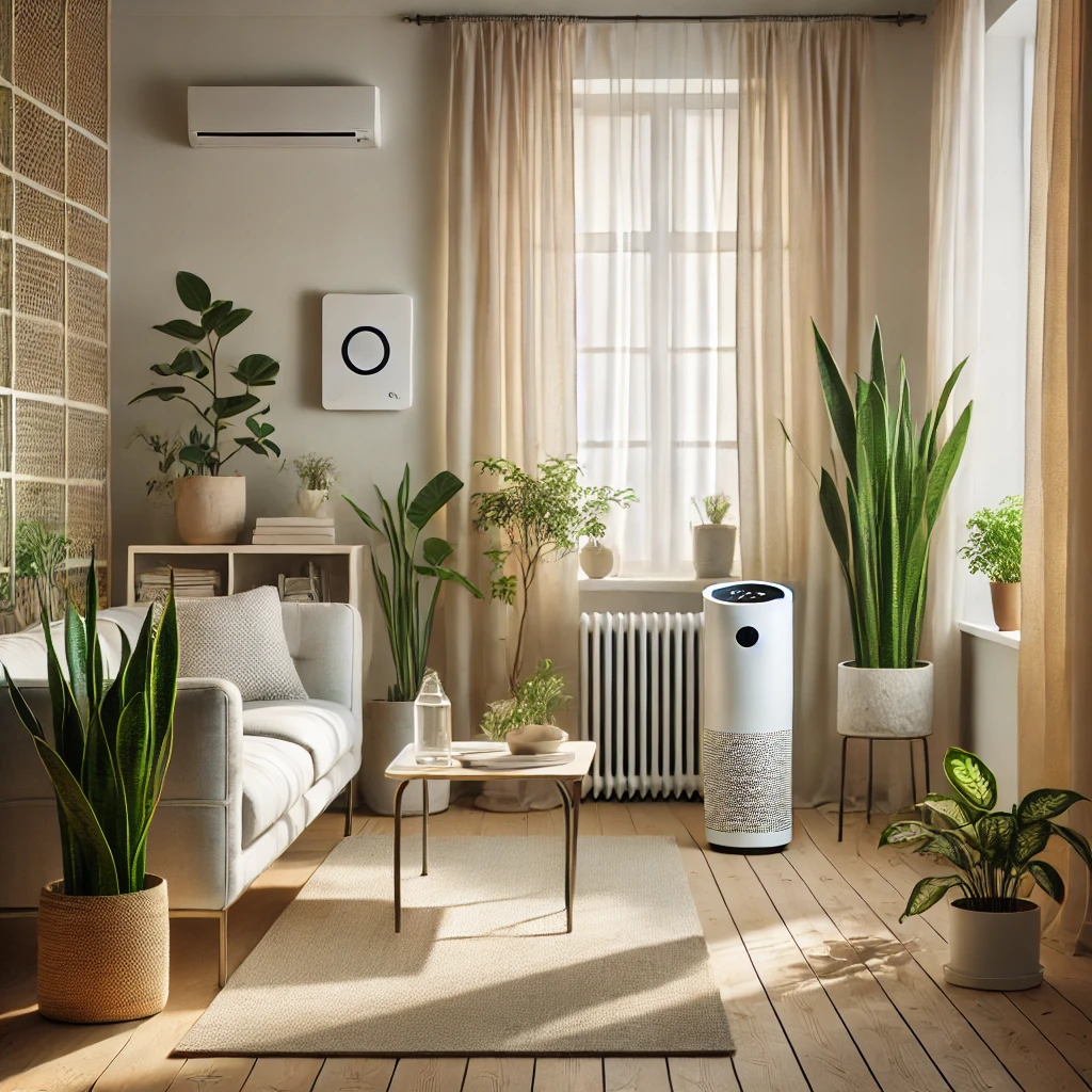 A cozy, modern living room filled with natural light, featuring an air purifier, indoor plants, and sustainable furniture, creating a healthy and comfortable living space