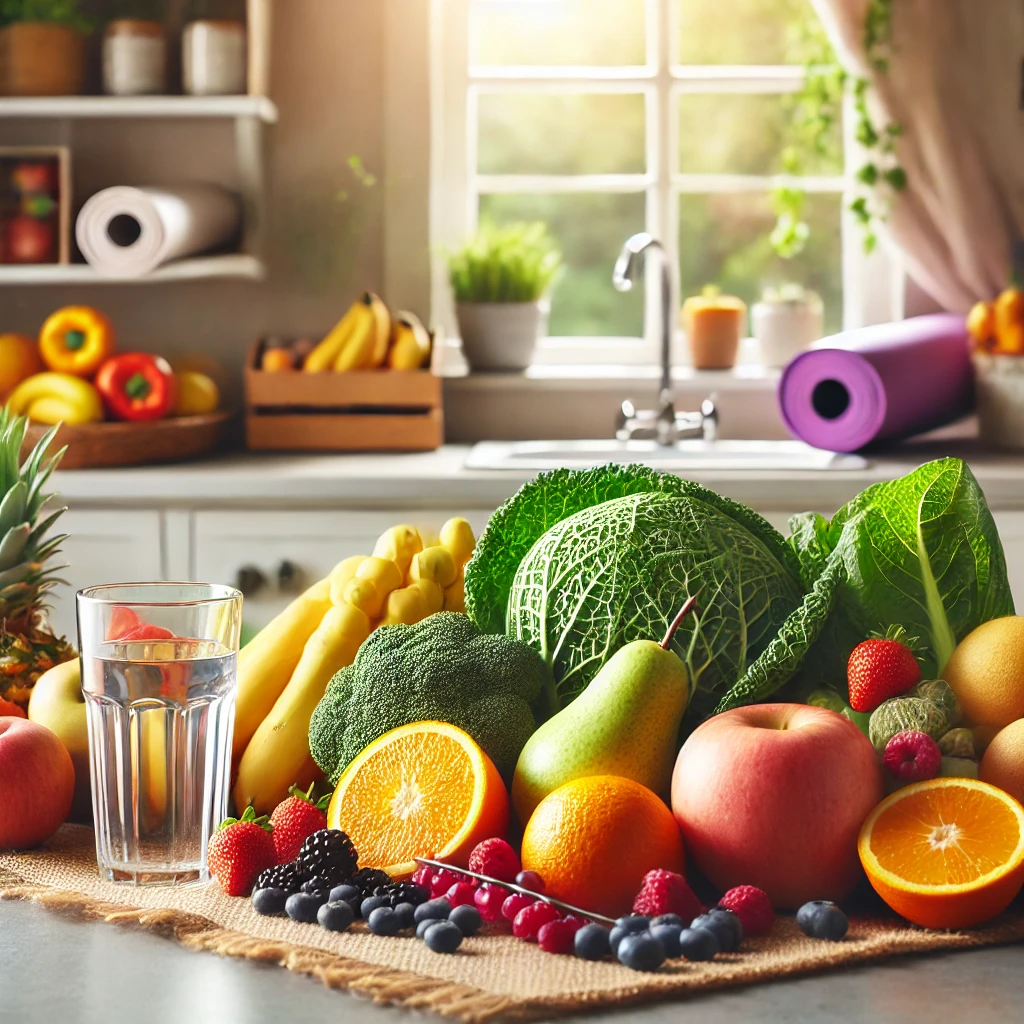 Healthy kitchen with fruits and vegetables rich in antioxidants, such as oranges, berries, and leafy greens, alongside a glass of water and a yoga mat, promoting a balanced lifestyle for boosting immunity.