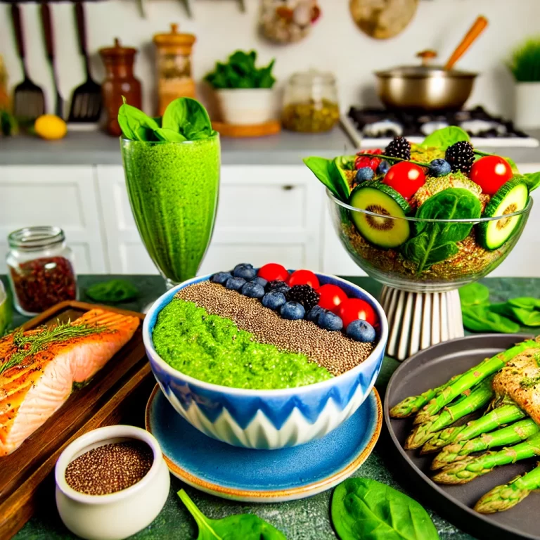 An appealing display of an anti-inflammatory meal spread featuring a green smoothie bowl, Mediterranean quinoa salad, and baked lemon garlic salmon with asparagus in a cozy kitchen setting.