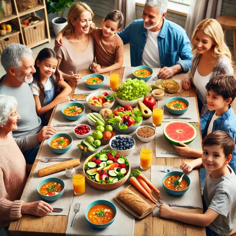 "A diverse family gathered around a dining table, enjoying a colorful spread of healthy foods including fruit salad, whole grain bread, vegetable soup, and lean meats