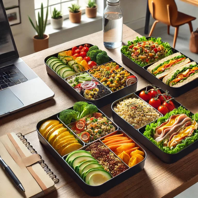 A vibrant work lunch setup featuring three nutrient-dense meal prep containers: quinoa and black bean salad, veggie stir-fried brown rice, and a turkey and avocado sandwich, with a cozy office background.