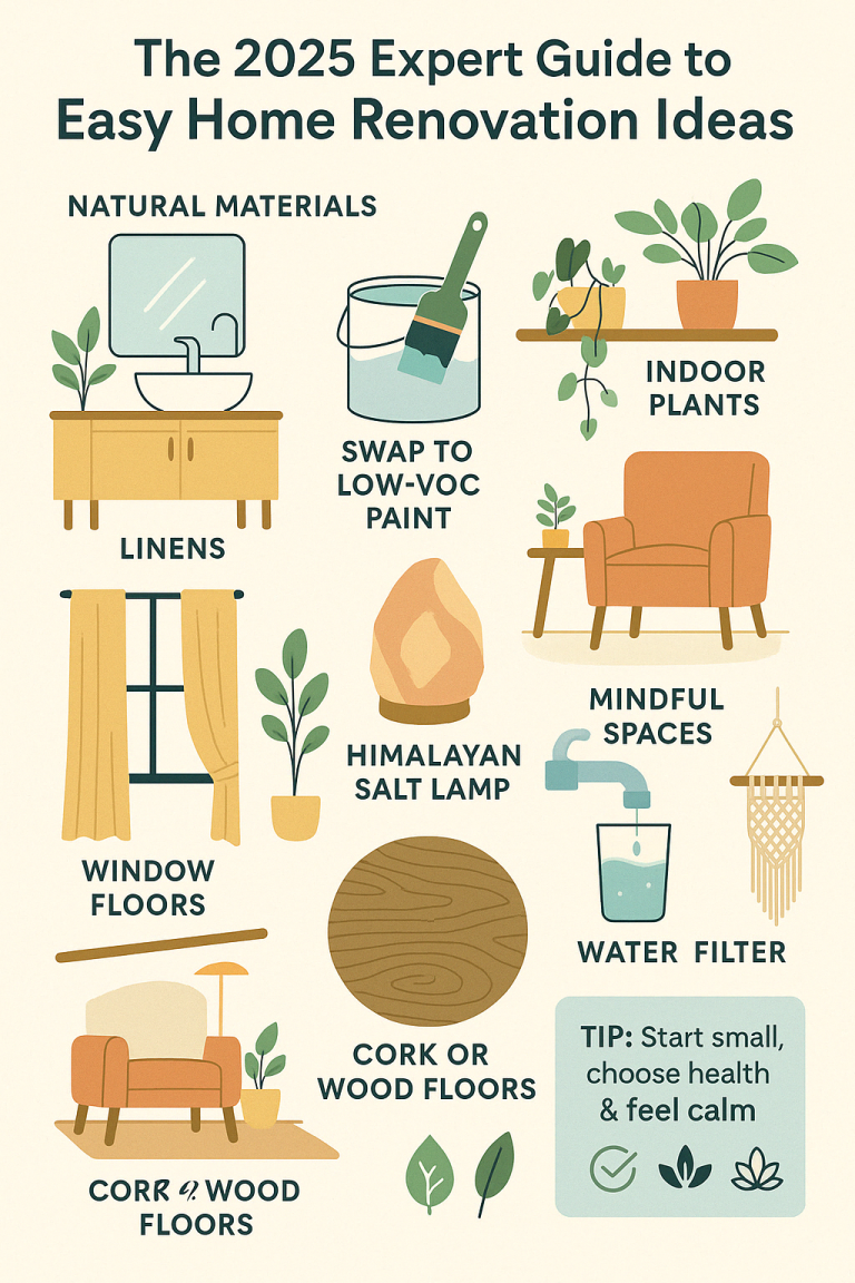 nfographic titled “The 2025 Expert Guide to Easy Home Renovation Ideas”, featuring natural materials, indoor plants, low-VOC paint, cork floors, mindful spaces, water filters, and other wellness-focused upgrades for a healthier home.