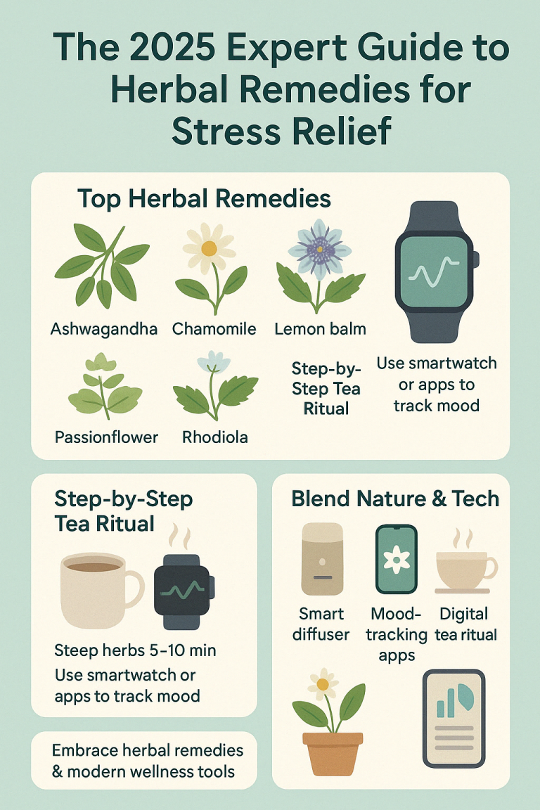 Infographic titled “The 2025 Expert Guide to Herbal Remedies for Stress Relief”, showing top herbs like ashwagandha and chamomile, smartwatch mood tracking, tea rituals, and how to blend nature with modern tech.
