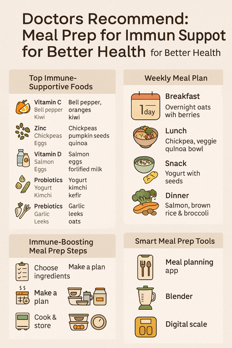 Infographic titled “Doctors Recommend: Meal Prep for Immune Support for Better Health”, showing top immune-supportive foods, a 1-day meal plan, step-by-step prep strategy, and smart kitchen tools like apps, blender, and containers.