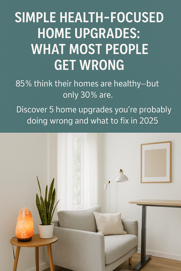 Infographic titled “Simple Health-Focused Home Upgrades: What Most People Get Wrong”, featuring a bright, minimalist living room with a salt lamp, indoor plant, and standing desk.