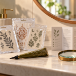 AI illustration of generic body-art packets, an applicator cone and a leaflet with unreadable text on a bathroom vanity counter.