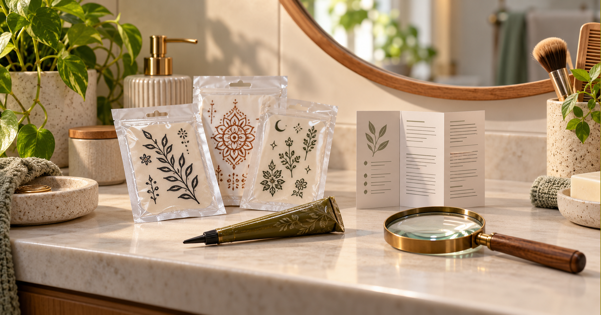 AI illustration of generic body-art packets, an applicator cone and a leaflet with unreadable text on a bathroom vanity counter.