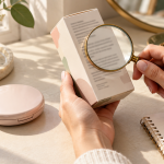 Two hands hold an unbranded cosmetic carton and magnifying glass beside a closed powder compact and a notebook on a dressing table.