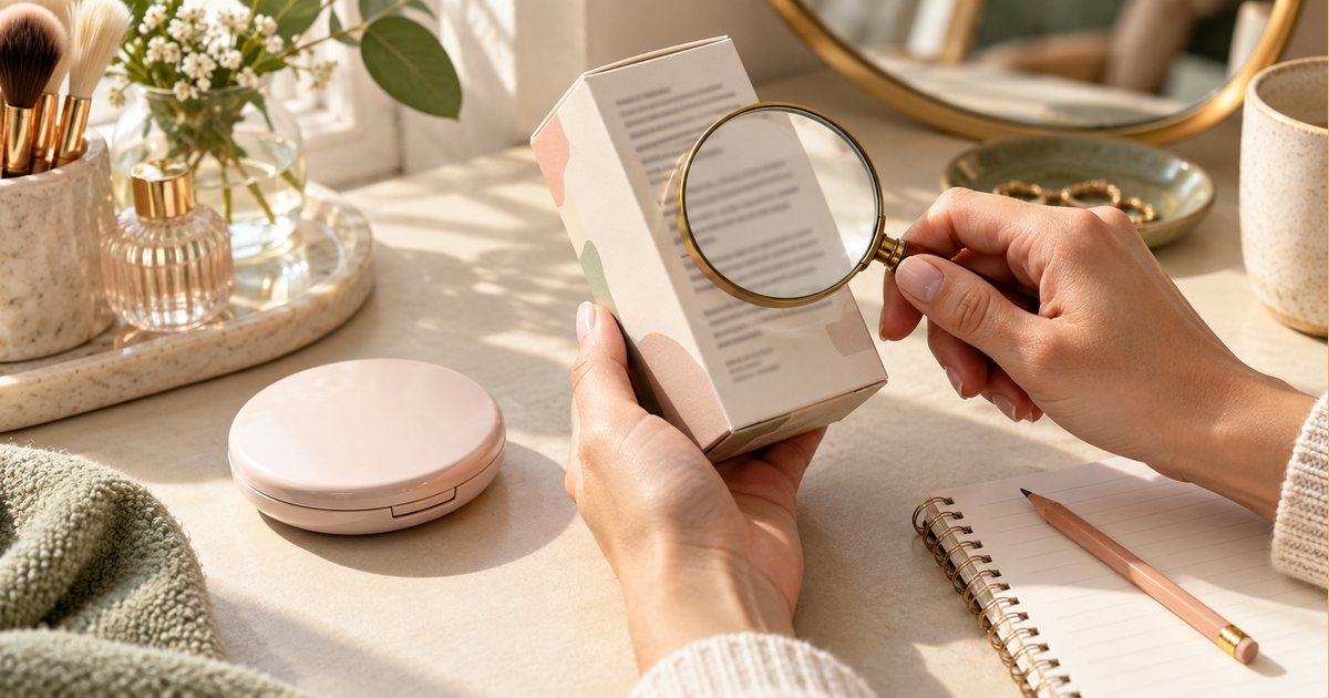 Two hands hold an unbranded cosmetic carton and magnifying glass beside a closed powder compact and a notebook on a dressing table.