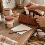 AI illustration of hands organizing unbranded cosmetics in a pouch and drawer beside a small record card.