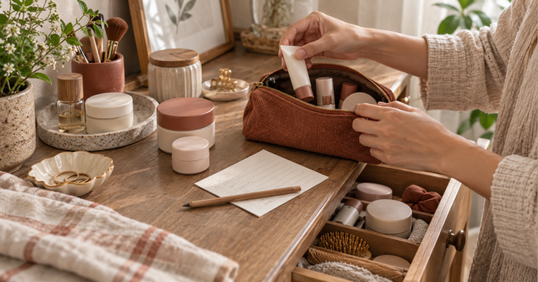 AI illustration of hands organizing unbranded cosmetics in a pouch and drawer beside a small record card.