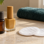 Closed amber glass bottle with a plain black cap beside a closed ochre nail-polish-style bottle and unused cotton pads on a vanity
