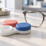 An unbranded two-cup lens case with blue and coral lids beside eyeglasses on a light surface