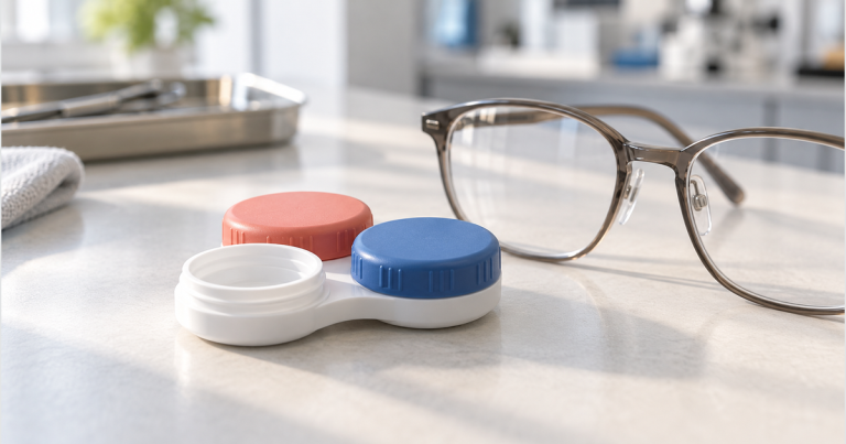 An unbranded two-cup lens case with blue and coral lids beside eyeglasses on a light surface